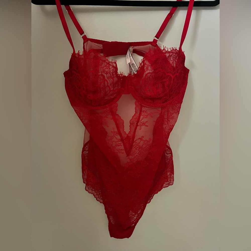 Victoria’s Secret Sexy Red Lace Sheer Bodysuit - Women's Intimates Size L